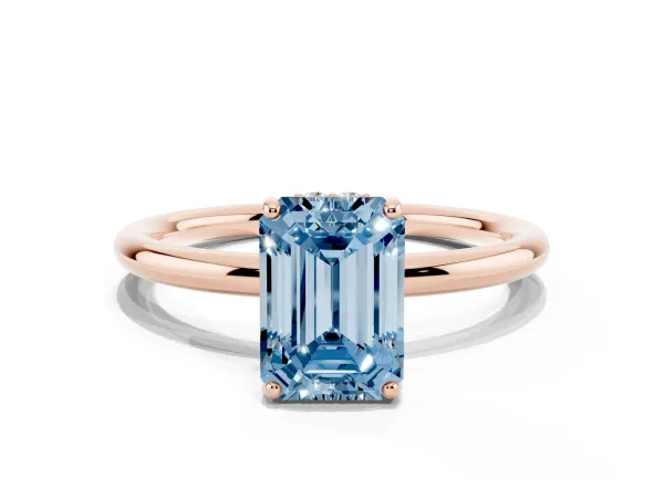 Fancy Blue Emerald Cut Solitaire Diamond Ring with a Classic Band and Four-Prong Setting Rose gold