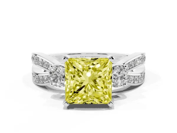 Fancy Yellow Three-Stone Princess Cut Cut Diamond Twist Band with Prong Setting White gold