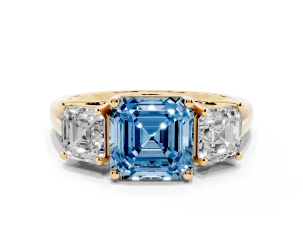 Fancy Blue Three-Stone Asscher Cut Diamond Engagement Ring with Prong Setting Yellow gold