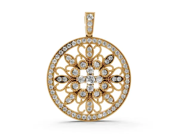 Round Pavé Diamond Filigree Pendant Yellow gold