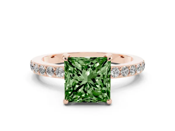 Fancy Green Princess Cut Diamond Solitaire Engagement Ring with Pavé Band and Four-Prong Setting Rose gold