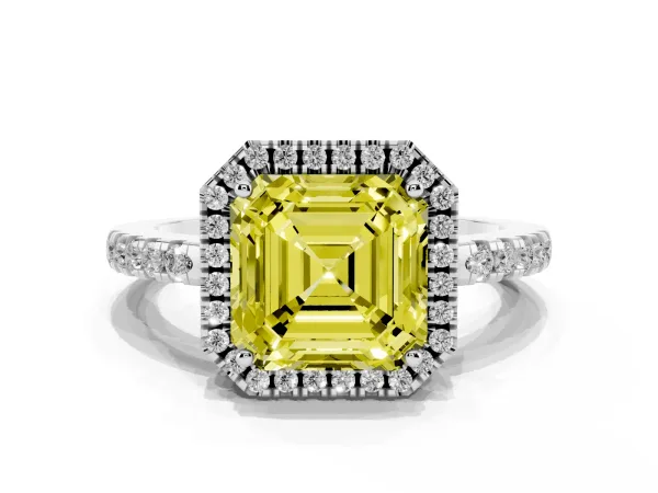 Fancy Yellow Asscher Cut Halo Diamond Engagement Ring with Pavé Band and Four-Prong Setting Platinum