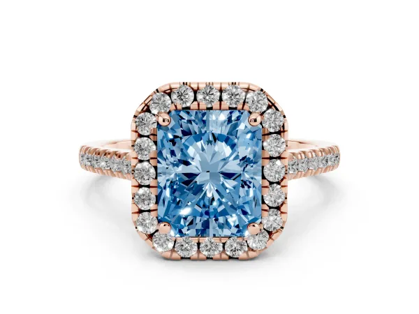 Fancy Blue Radiant Cut Diamond Cushion Halo Ring with Pavé Band Rose gold