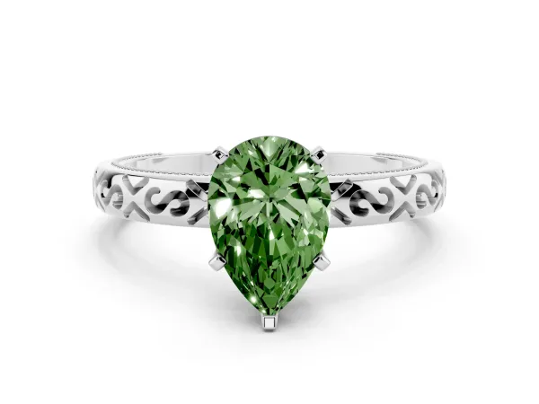 Fancy Green Pear Cut Solitaire Engagement Ring with Scrollwork Band and Four-Prong Setting White gold