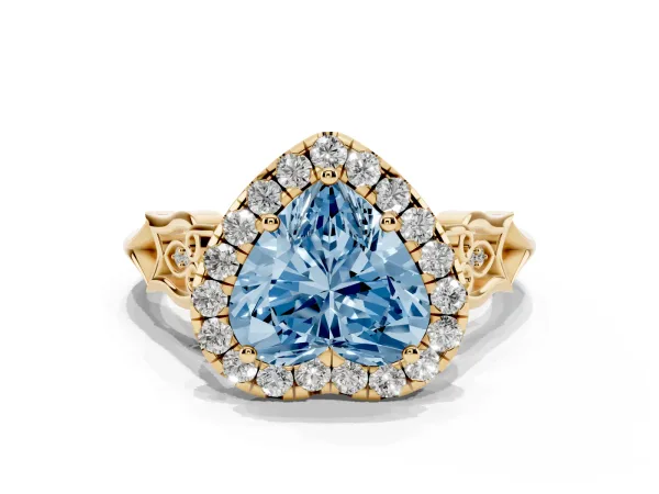 Fancy Blue Heart Cut Halo Diamond Engagement Ring with Filigree Band and Four-Prong Setting Yellow gold