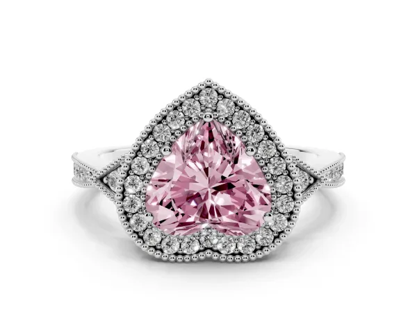 Fancy Pink Heart Cut Halo Round Diamond Milgrain Pave Engagement Ring White gold