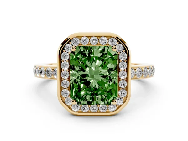 Fancy Green Radiant Cut Diamond Halo Ring with Bezel Frame and Pavé Band Yellow gold