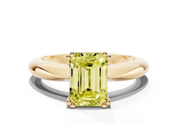 Fancy Yellow Emerald Cut Cut Solitaire Engagement Ring with Tapered Band and Four-Prong Setting Yellow gold