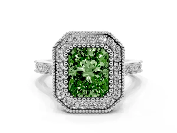 Fancy Green Radiant Cut Diamond Halo Ring with Milgrain Frame and Pavé Band Platinum