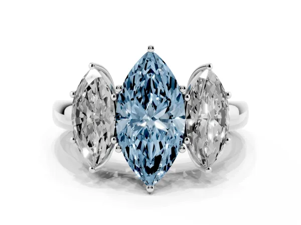 Fancy Blue Marquise Cut Diamond Three-Stone Ring with Four-Prong Setting and Classic Band Platinum
