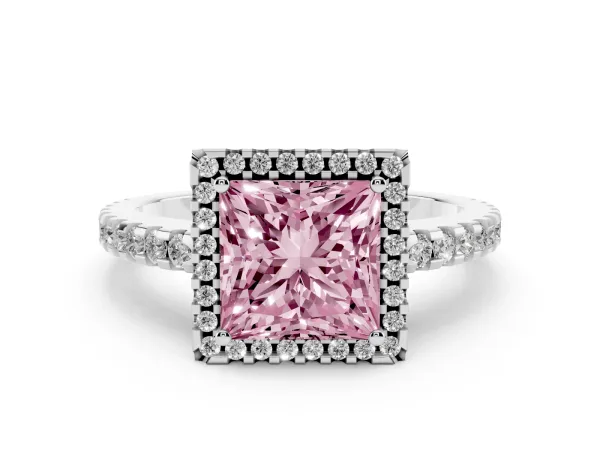 Fancy Pink Princess Cut Diamond Halo Engagement Ring with Pavé Band and Prong Setting White gold