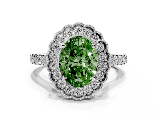 Fancy Green Oval Cut Cut Diamond Milgrain Floral Halo Engagement Ring with Pavé Band Platinum