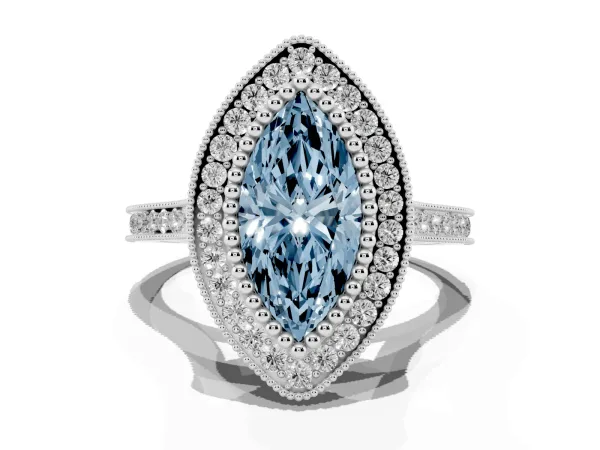 Fancy Blue Marquise Cut Diamond Halo Ring with Milgrain Frame and Pavé Band White gold