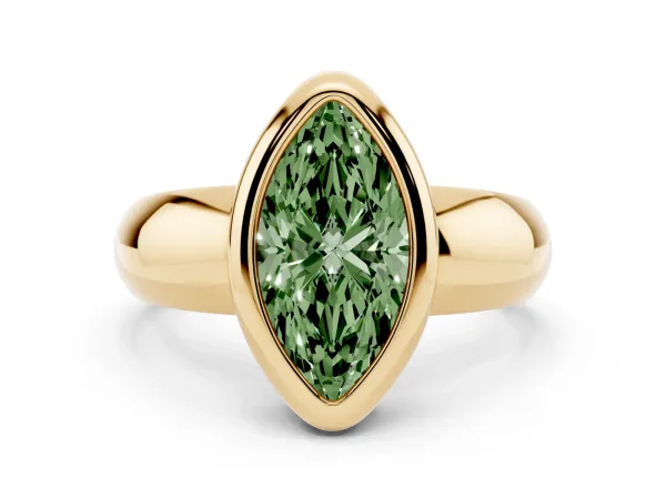 Fancy Green Bezel Set Marquise Cut Solitaire Ring with Wide Band Yellow gold