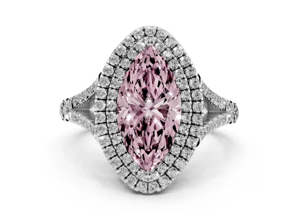 Fancy Pink Double Halo Marquise Cut Diamond Split Shank Engagement Ring with Four-Prong Setting White gold