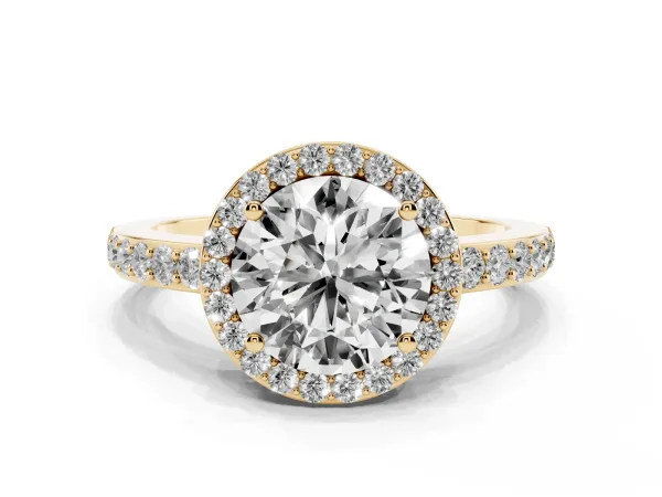 Round Cut Halo Diamond Pavé Band Ring with Prong Setting Yellow gold