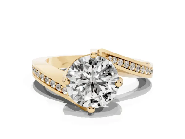 Round Cut Solitaire Diamond Twist Band with Pavé Setting and Four-Prong Setting Yellow gold