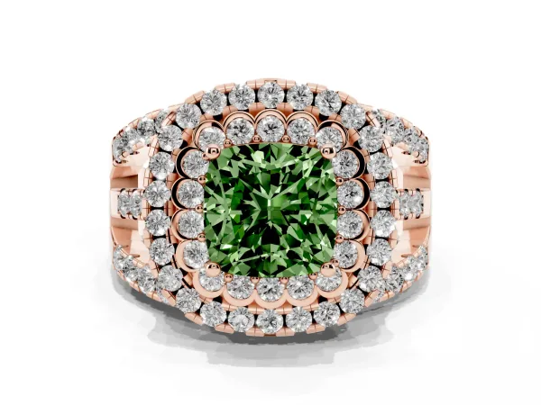 Fancy Green Cushion Cut Diamond Double Halo Ring with Round Pavé Split Shank and Prong Setting Rose gold