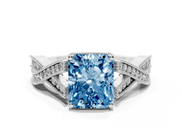 Fancy Blue Radiant Cut Cut Diamond Twisted Band with Milgrain Pave Setting and Four-Prong Setting White gold