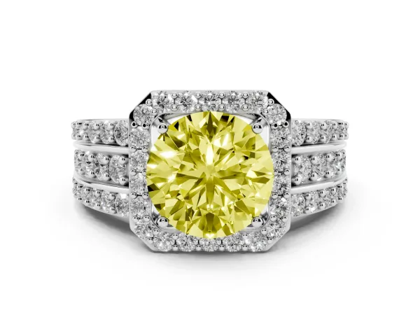 Fancy Yellow Round Cut Halo Diamond Ring with Round Split Shank and Prong Setting Platinum