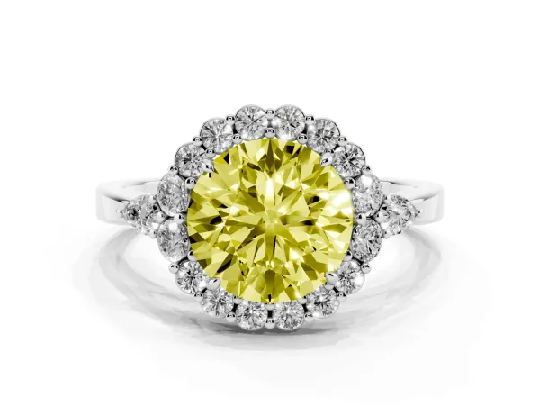 Fancy Yellow Round Cut Diamond Halo Ring with Pear Side Stones and Prong Setting Platinum