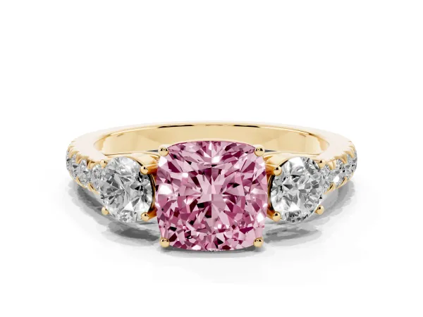 Fancy Pink Cushion Cut Cut Diamond Three-Stone Ring with Round Side Stones and Pavé Band Yellow gold