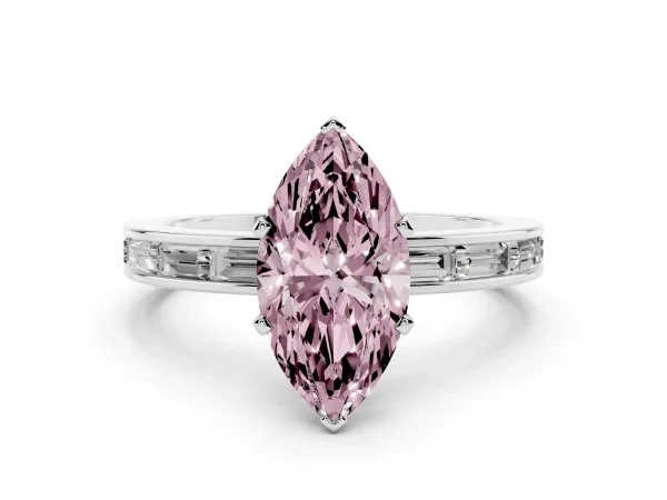 Fancy Pink Marquise Cut Solitaire Diamond Ring with Channel-Set Baguette Band and Four-Prong Setting Platinum
