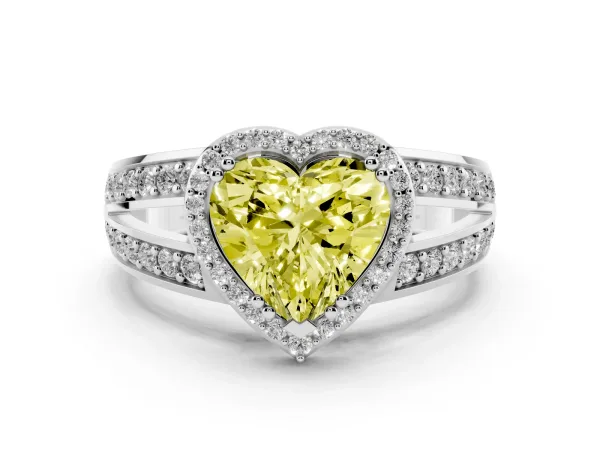 Fancy Yellow Heart Cut Diamond Halo Ring with Split Shank Pavé Band and Four-Prong Setting Platinum
