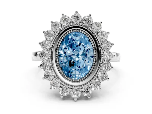 Fancy Blue Oval Cut Halo Diamond Ring with Milgrain Edge and Round Prong Setting White gold