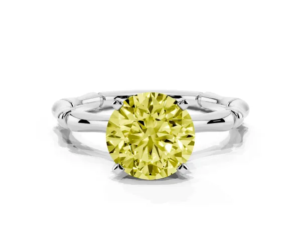 Fancy Yellow Round Cut Solitaire Diamond Ring with Bamboo Band and Four-Prong Setting White gold