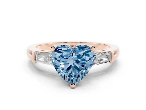 Fancy Blue Heart Cut Solitaire with Tapered Baguette Side Stones on a Classic Band with Four-Prong Setting Rose gold