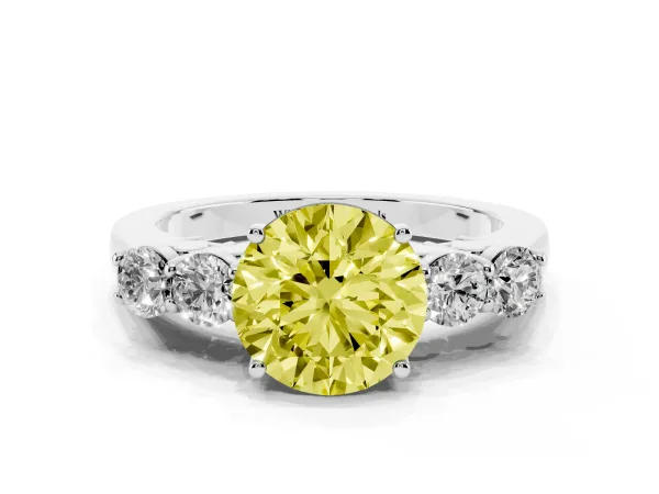 Fancy Yellow Round Cut Cut Diamond Five-Stone Prong Set White Gold Ring Platinum