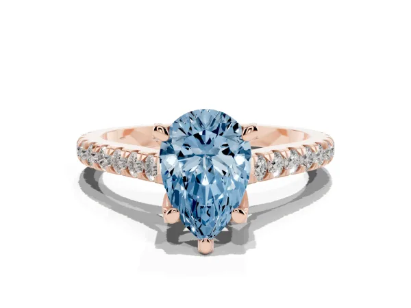 Fancy Blue Pear Cut Brilliant Diamond Solitaire with Pavé Band and Four-Prong Setting Rose gold