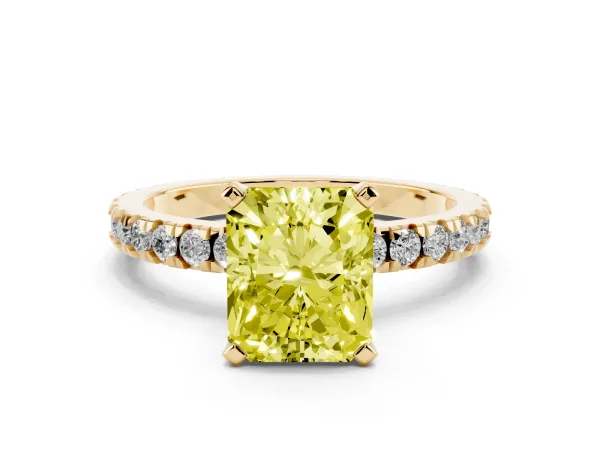Fancy Yellow Radiant Cut Diamond Pavé Band Solitaire with Four-Prong Setting Yellow gold