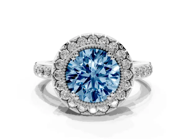 Fancy Blue Round Cut Diamond Halo Ring with Pavé Band and Prong Setting Platinum