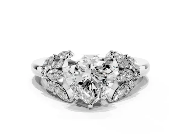 Heart Cut Diamond Cluster Leaf Design Ring with Prong Setting White gold