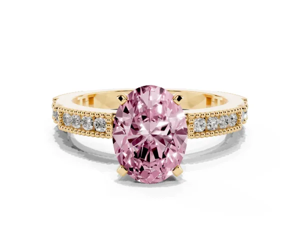 Fancy Pink Oval Cut Solitaire with Pavé Band and Four-Prong Setting Yellow gold