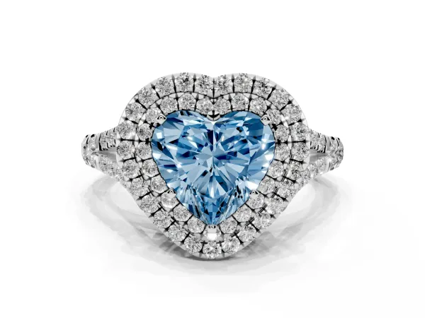 Fancy Blue Double Halo Heart Cut Diamond Split Shank Engagement Ring with Four-Prong Setting White gold