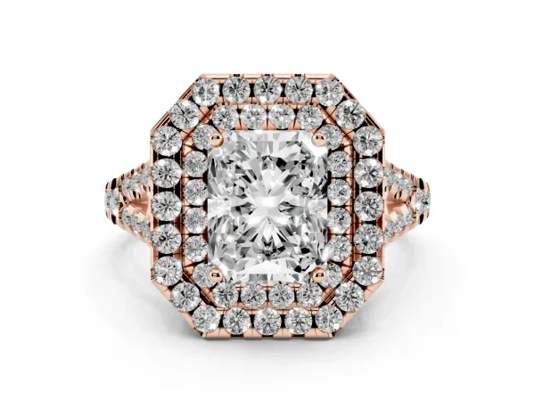 Double Halo Radiant Cut Diamond Pavé Split Shank Ring with Prong Setting Rose gold
