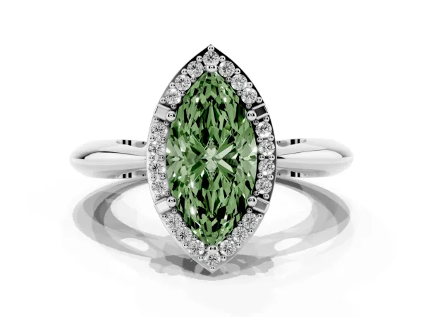 Fancy Green Marquise Cut Cut Diamond Halo Engagement Ring with Split Shank and Four-Prong Setting Platinum