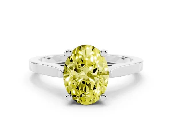 Fancy Yellow Oval Cut Solitaire Diamond Ring with Four-Prong Setting and Tapered Band Platinum