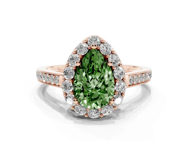 Fancy Green Pear Cut Diamond Floral Halo Ring with Pavé Band and Prong Setting Rose gold