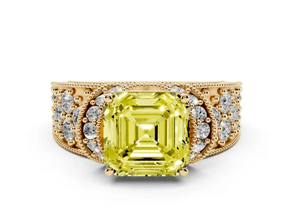 Fancy Yellow Asscher Cut Halo Pave Diamond Engagement Ring with Milgrain Detailing Yellow gold