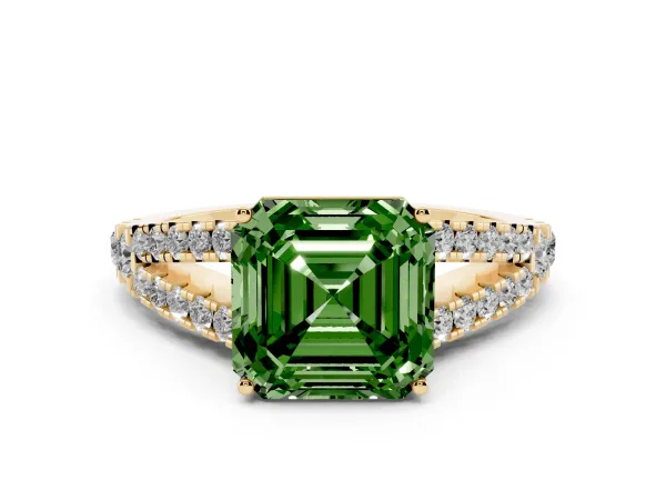 Fancy Green Asscher Cut Diamond Split Shank Pavé Engagement Ring with Four-Prong Setting Yellow gold
