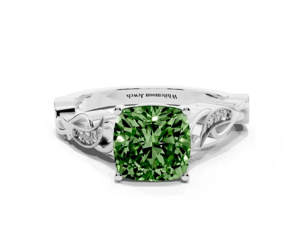 Fancy Green Cushion Cut Solitaire Vine Band with Milgrain Prong Setting Platinum