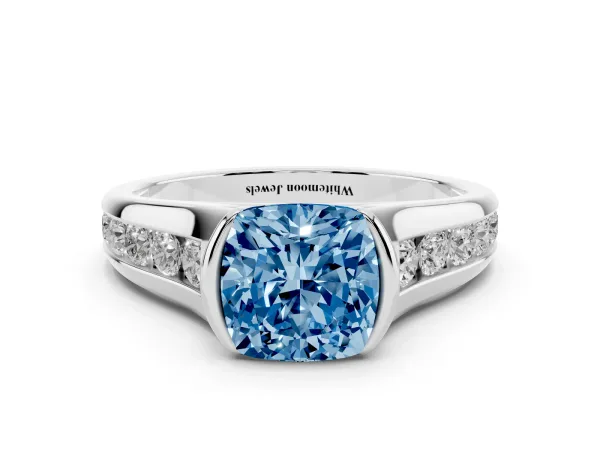 Fancy Blue Cushion Cut Solitaire Bezel-Set Diamond Ring with Channel-Set Band Platinum