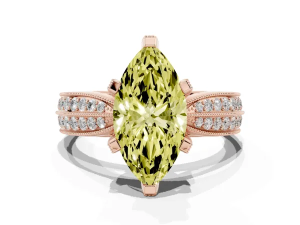 Fancy Yellow Marquise Cut Diamond Solitaire Ring with Milgrain Round Pavé Band and Prong Setting Rose gold