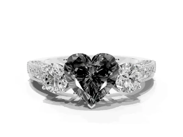 Fancy Black Heart Cut Three-Stone Diamond Ring with Pavé Band and Four-Prong Setting Platinum