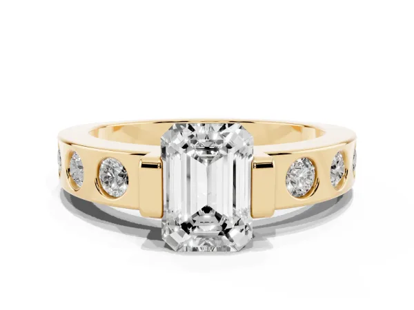 Emerald Cut Brilliant Channel-Set Diamond Ring with Bezel Prong Setting Yellow gold