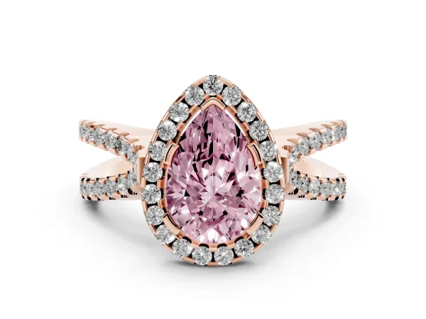 Fancy Pink Pear Cut Diamond Halo Ring with Split Shank Pavé Band and Prong Setting Rose gold